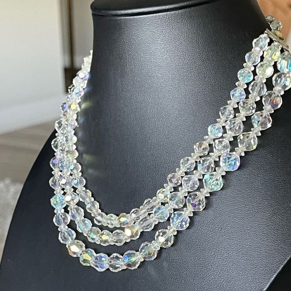 Vintage Triple Strand AB Crystal Beaded Necklace Stunning Art Deco Style Clasp - Picture 5 of 10